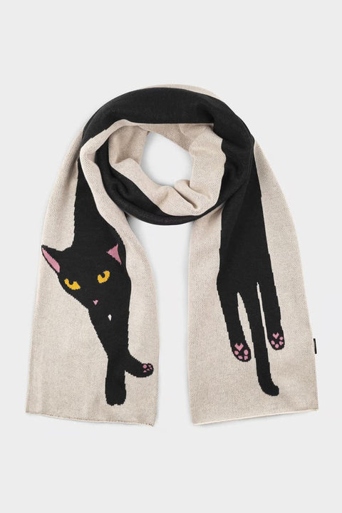 Strickschal aus Bio-Baumwolle mit Katzenmotiv in Cremeweiß