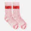 Socken AMORE NAVUCKO Rosa Rot – Detailansicht rotes AMORE-Motiv auf rosafarbenem Socken, weicher Bio-Baumwoll-Strick