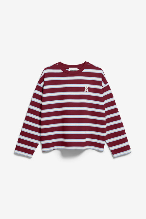 FRANKAA Bold Sweatshirt von ARMEDANGELS – dreifarbiger Streifen in Velvet Red, Soft Blue und Undyed