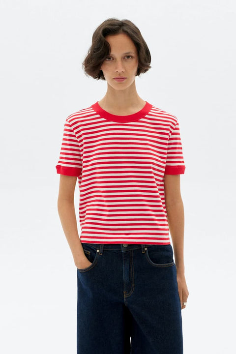 T-Shirt mit roten Streifen aus Bio-Baumwolle von Thinking Mu