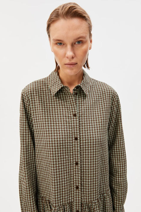 Vichy Seersucker Maxi Dress ARMEDANGELS Foam-Dried Palm, Taillennaht mit Rockweite, seitliche Eingrifftaschen