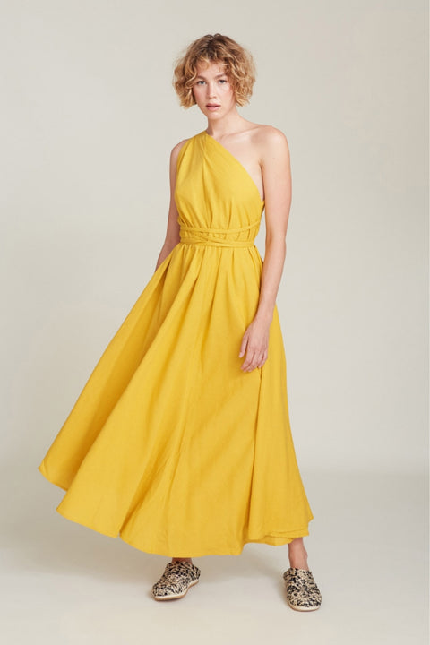 Langes Kleid in Multiposition mit Mustard-Farbe